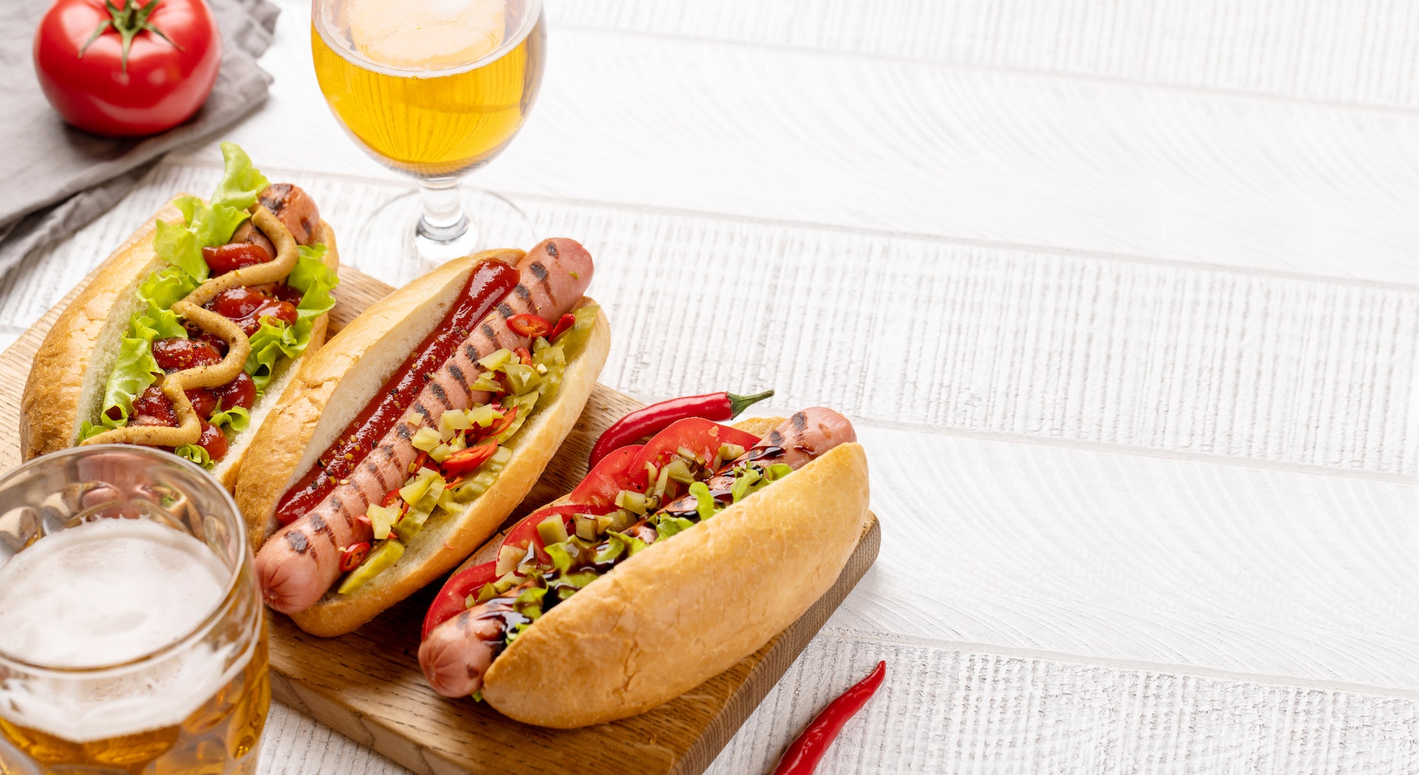 Various hot dog and beer